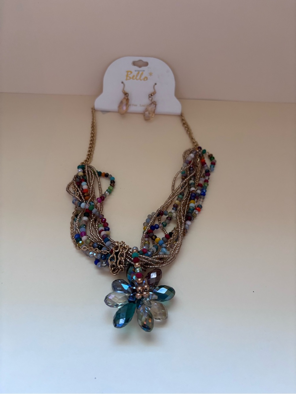 Multicolor Beaded Statement Necklace with Blue Flower Pendant